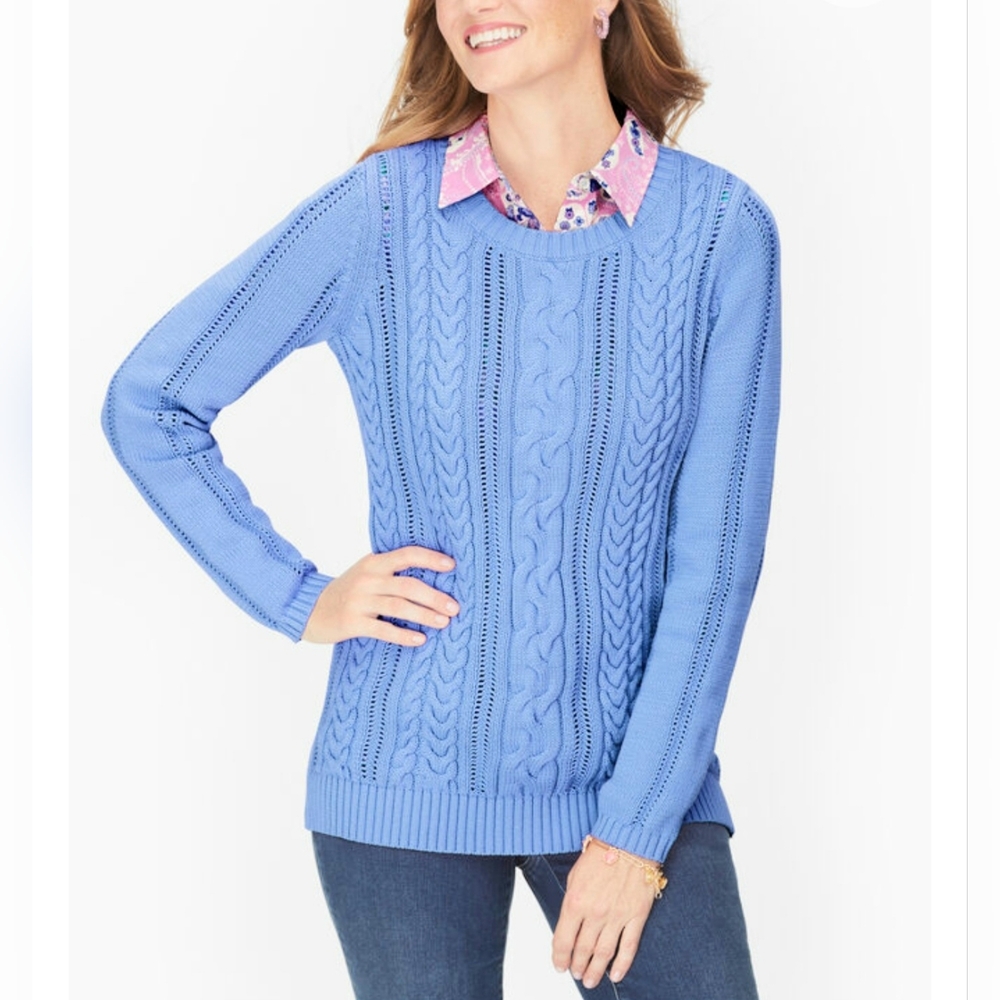 Talbots Pointelle Cableknit Crewneck Blue Sweater Preppy Sz S